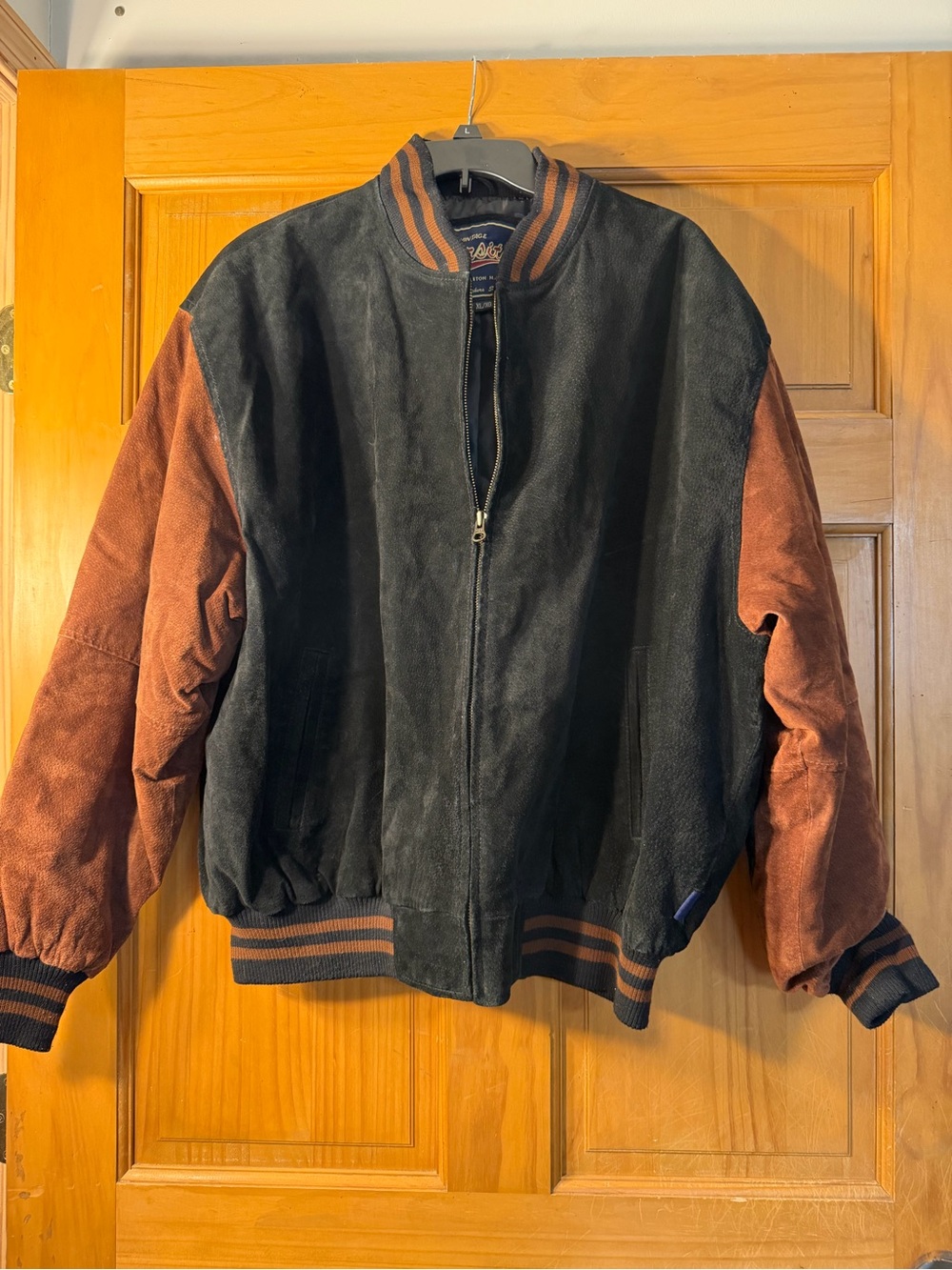 Vintage Varsity Men's Black and Brown Suede Bomber Jacket